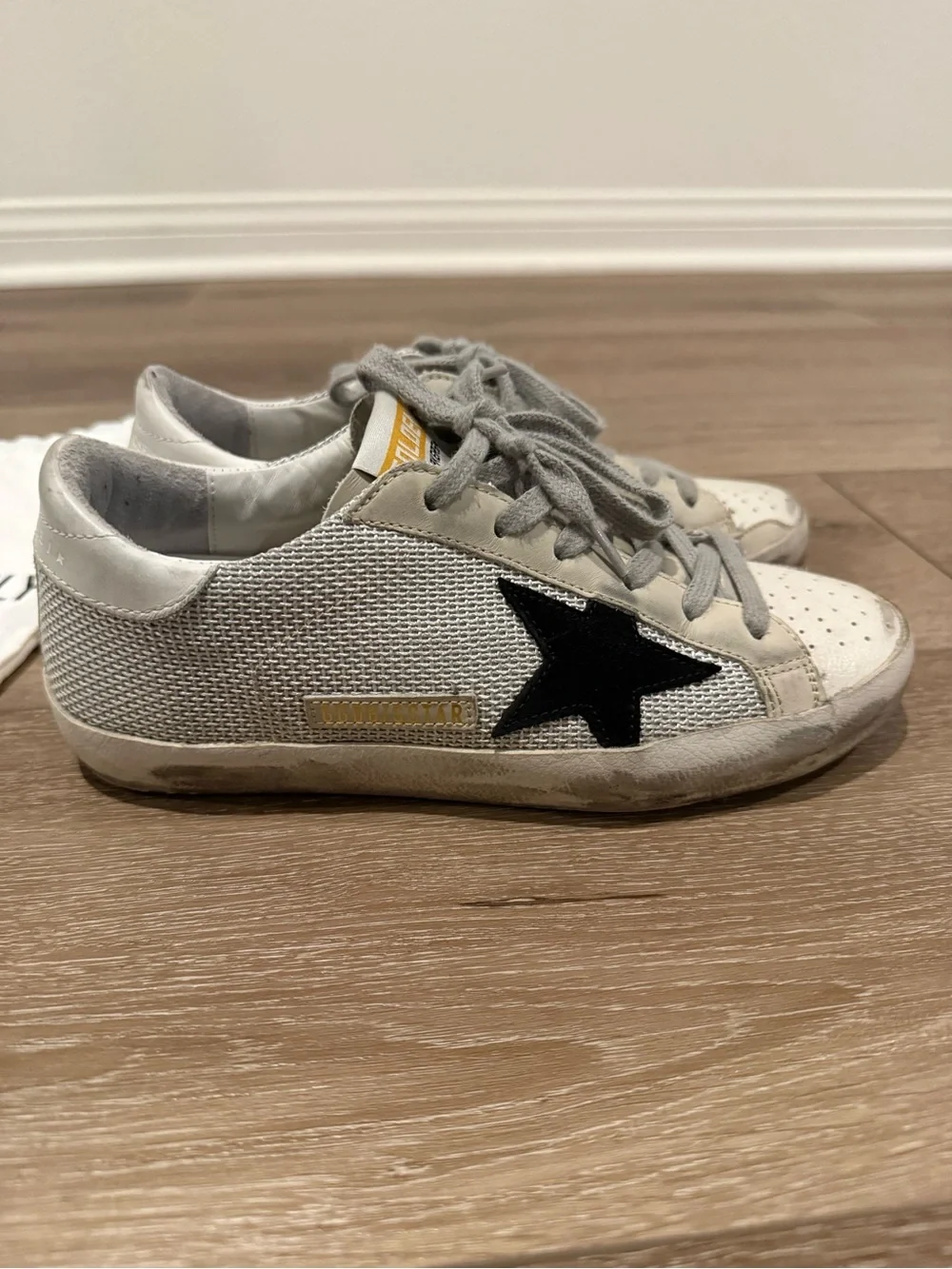 Golden Goose women’s White Sneakers with Black Star and Gray Laces